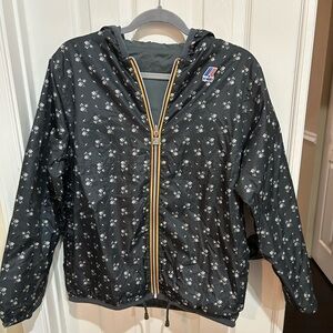 KWAY Waterproof Black Floral Hooded Jacket w rainbow zipper trim reversible M